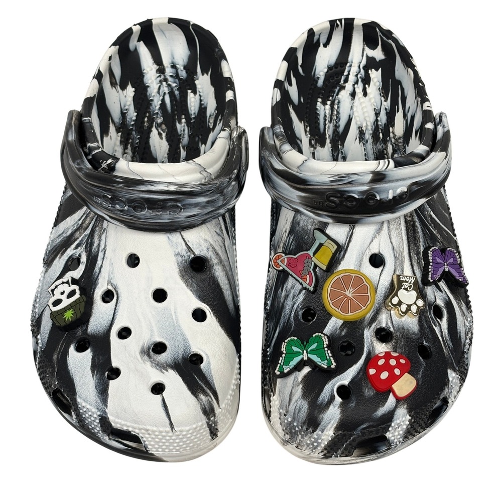 Crocs Classic‎ Marbled Tie Dye Clogs Black White Plus Jibbitz Charms M8 W10